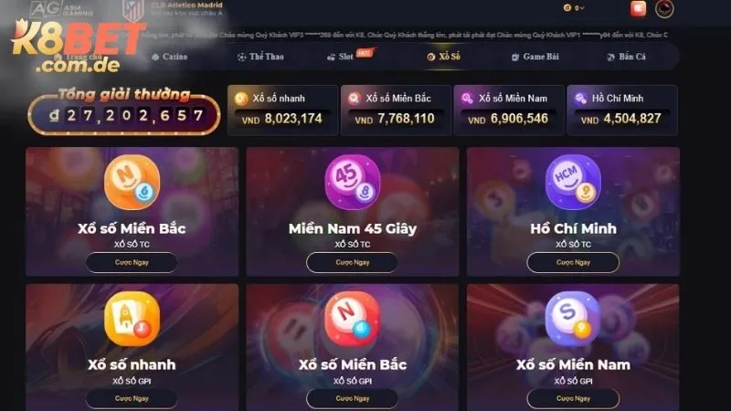 Các sảnh chơi xổ số K8BET hấp dẫn