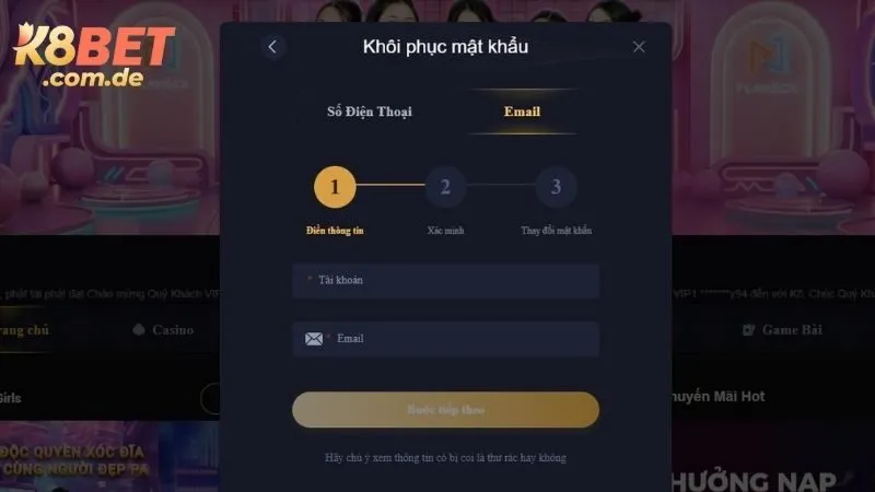 Quên mật khẩu tài khoản K8BET bạn có thể liên hệ đến CSKH hoặc tính năng quên pass